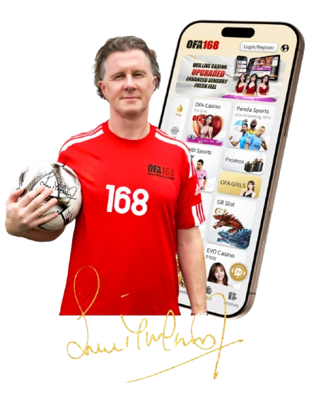 ofa168 mobile app with live casino platform and a football player holding a football